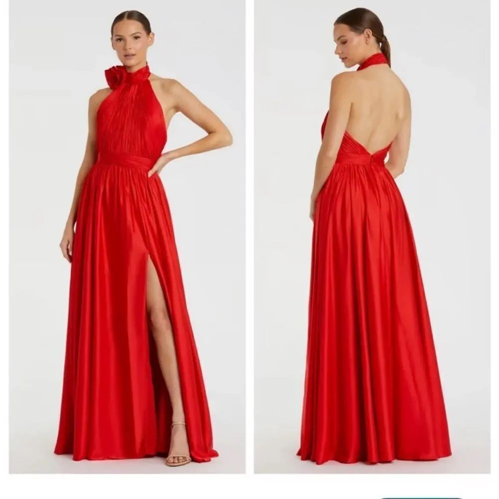 Mac Duggal #49333 Rosette Halter Chiffon Evening Gown in Cherry Red $398